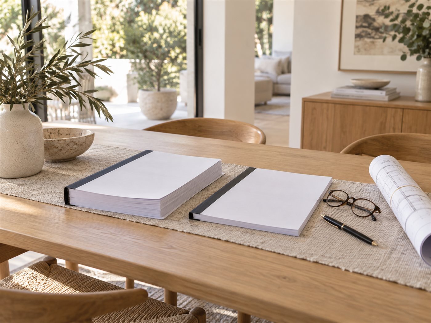 Two separate design and building contract documents laid side by side on a homeowner's table