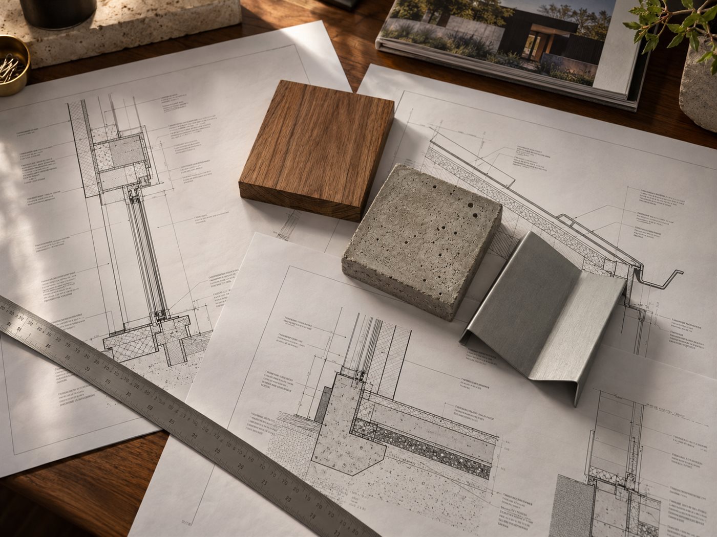 Architectural detail drawings and timber, concrete and zinc material samples laid out on a drafting table