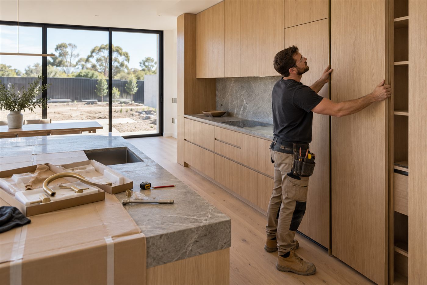 Cabinetmaker installing custom oak joinery in a new Melbourne kitchen