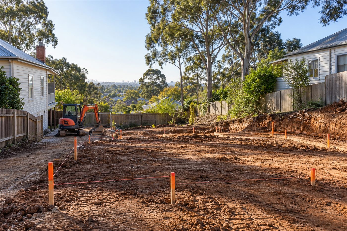 Cleared sloping residential block with survey pegs in a Melbourne suburb