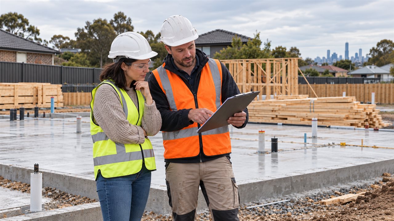 Homeowner and builder reviewing a contract and domestic building insurance on a Melbourne building site