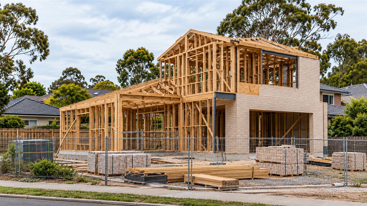 Timber framing and partial brickwork on a Melbourne home under construction