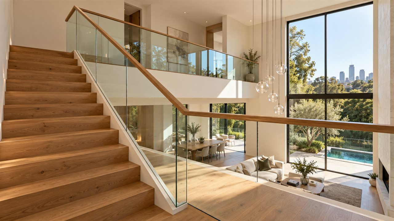 Glass balustrade staircase beside a double-height void