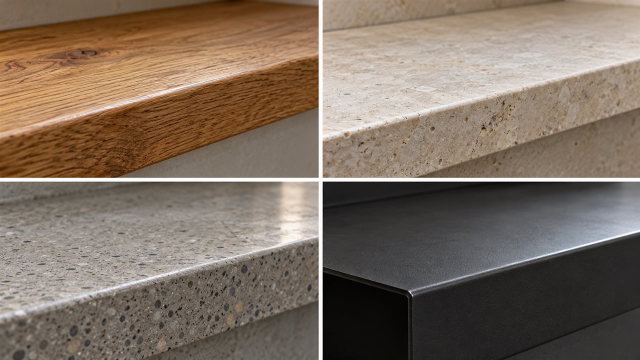 Close-up of oak, stone, concrete and steel stair treads