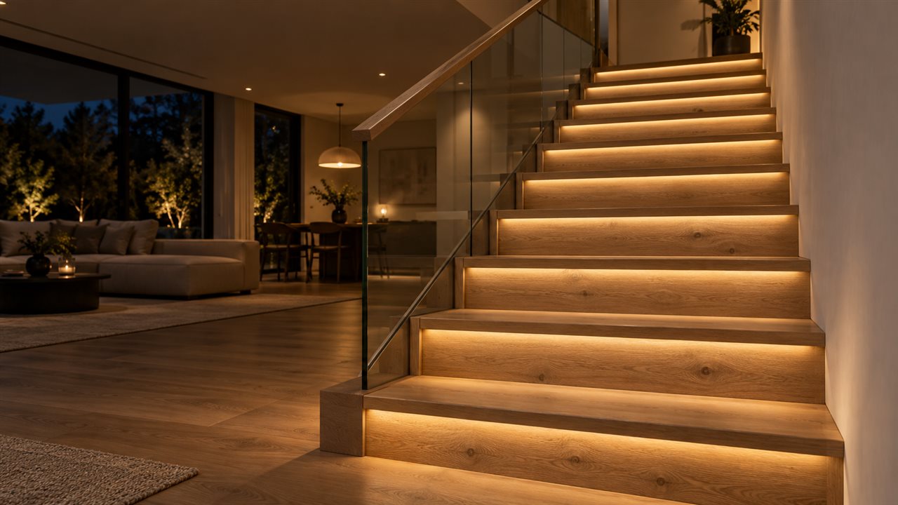 LED strip lighting recessed under staircase treads at night