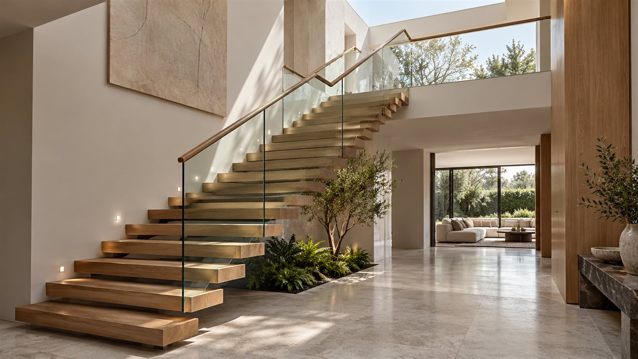 Staircase design in a Melbourne luxury home with oak treads and a frameless glass balustrade