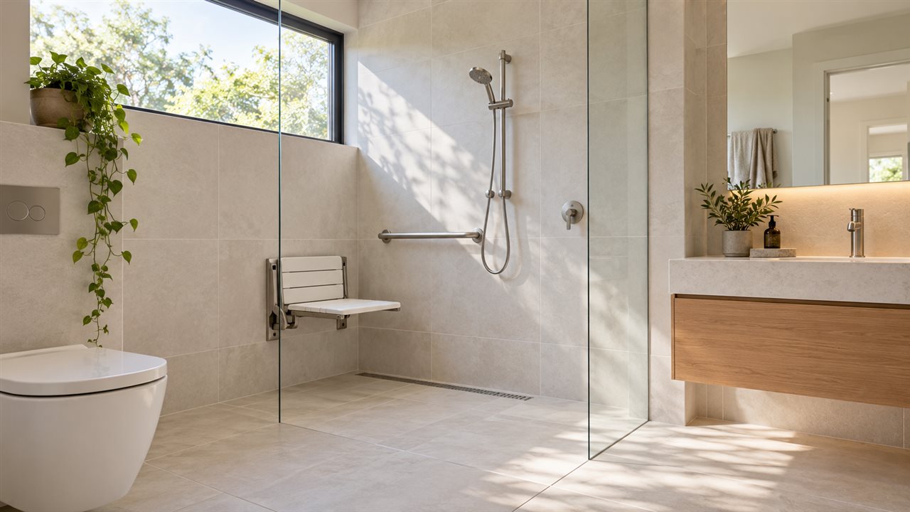 Level-entry shower in an ensuite designed for ageing in place