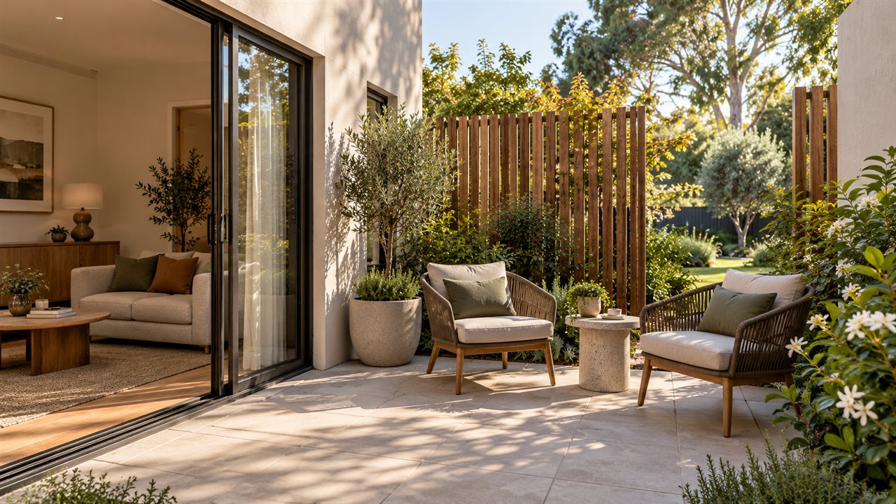 Private courtyard beside a secondary living zone, screened from the shared garden