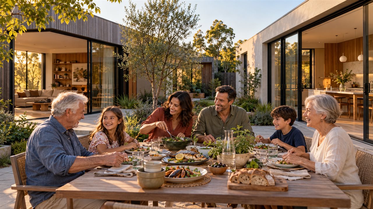 Family on the terrace of one of the multigenerational home designs in Melbourne, with two separate wings