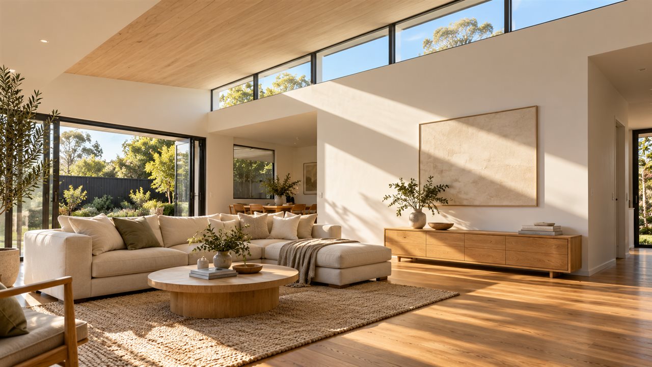 Clerestory windows bringing north light into a south facing living room