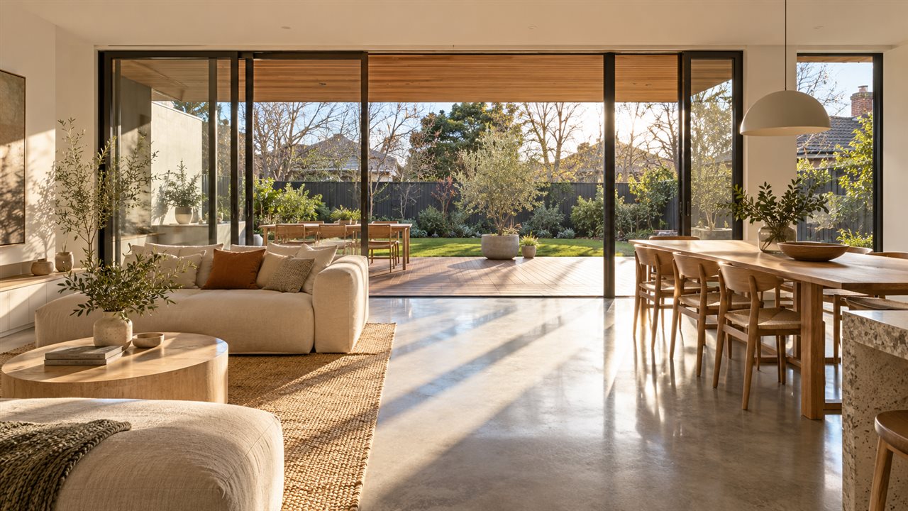 North facing house with winter sun entering the living area under a timber eave
