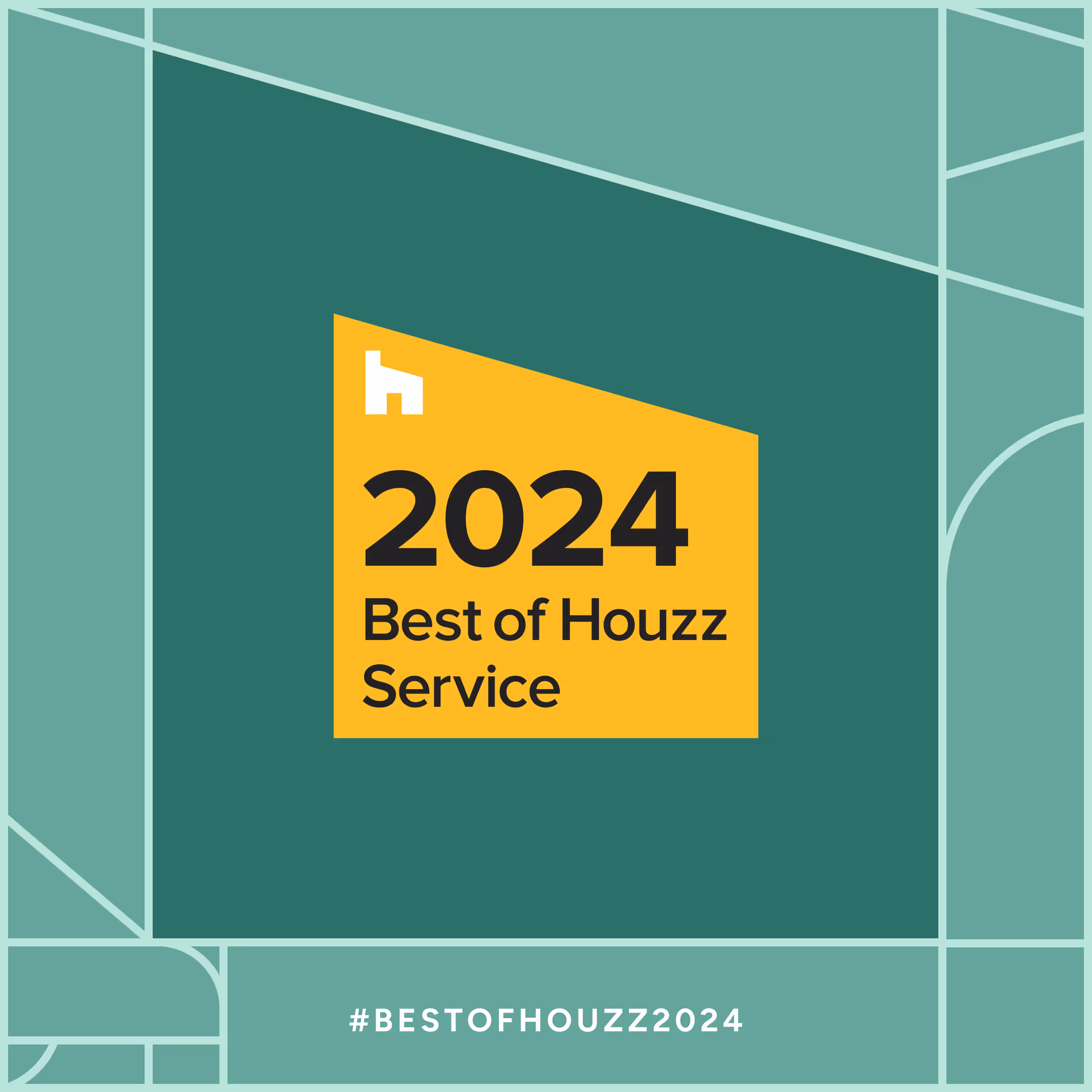 2024 Best of Houzz Service award badge on geometric green background