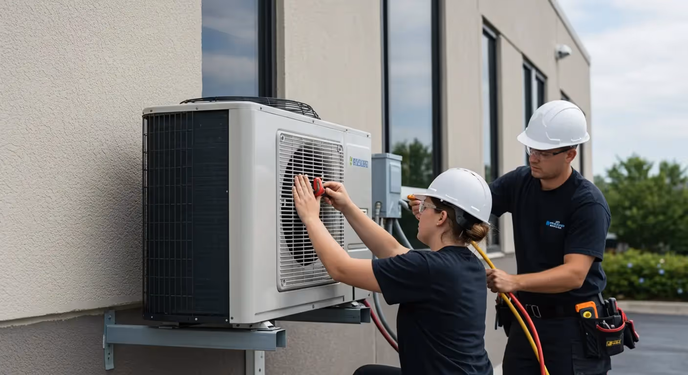 Technicians in hard hats repair an air conditioning unit outside building