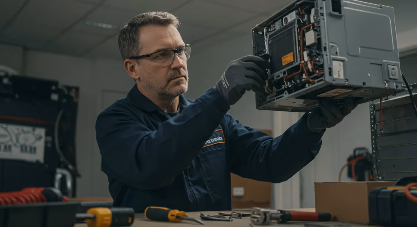 Technician in glasses repairing electronic equipment in workshop
