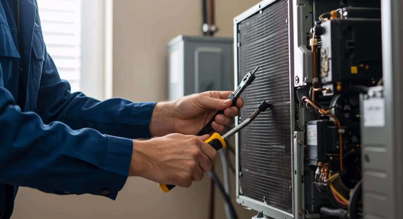 Technician repairing HVAC system with screwdriver in blue uniform