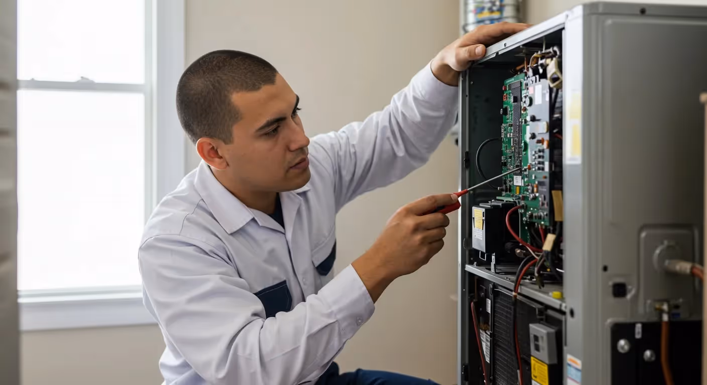 Technician repairing internal components of an electrical device with screwdriver