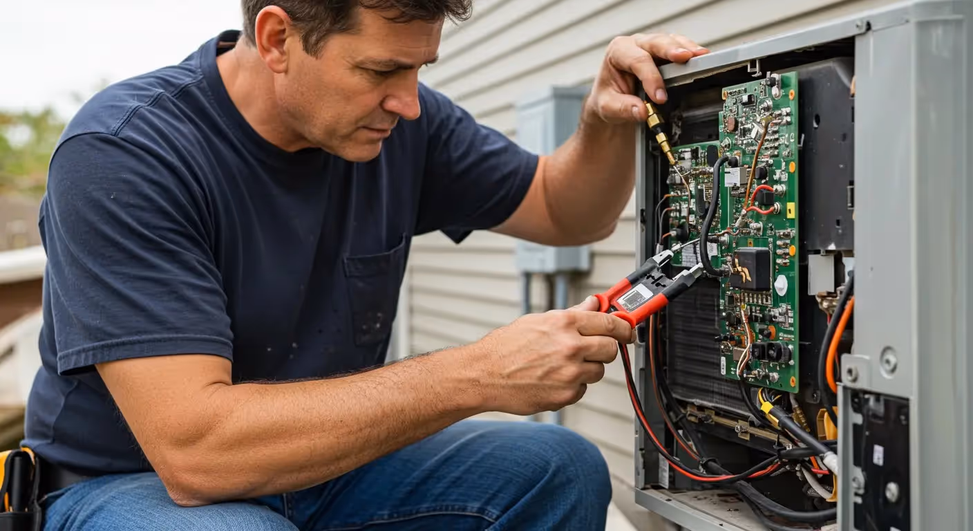 Technician repairing electrical equipment with multimeter and circuit board