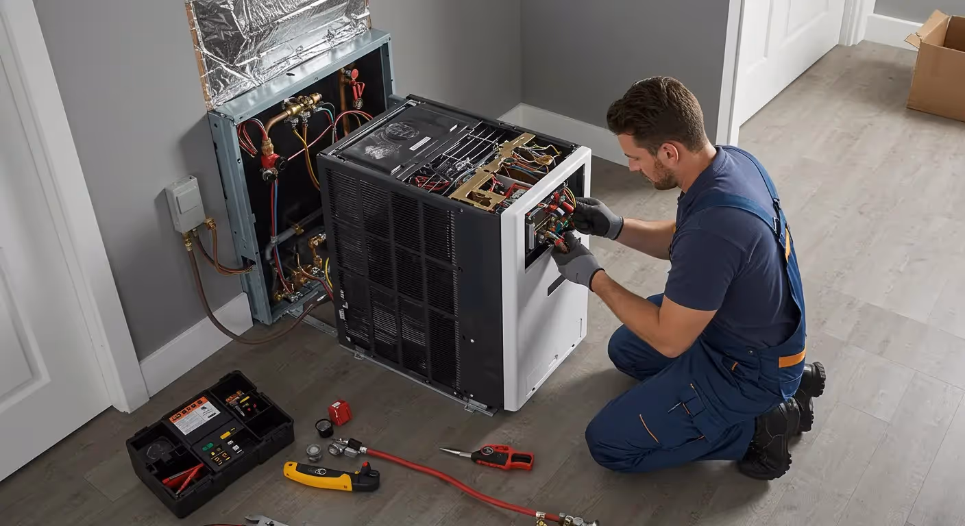 Technician repairing HVAC system with tools in residential setting