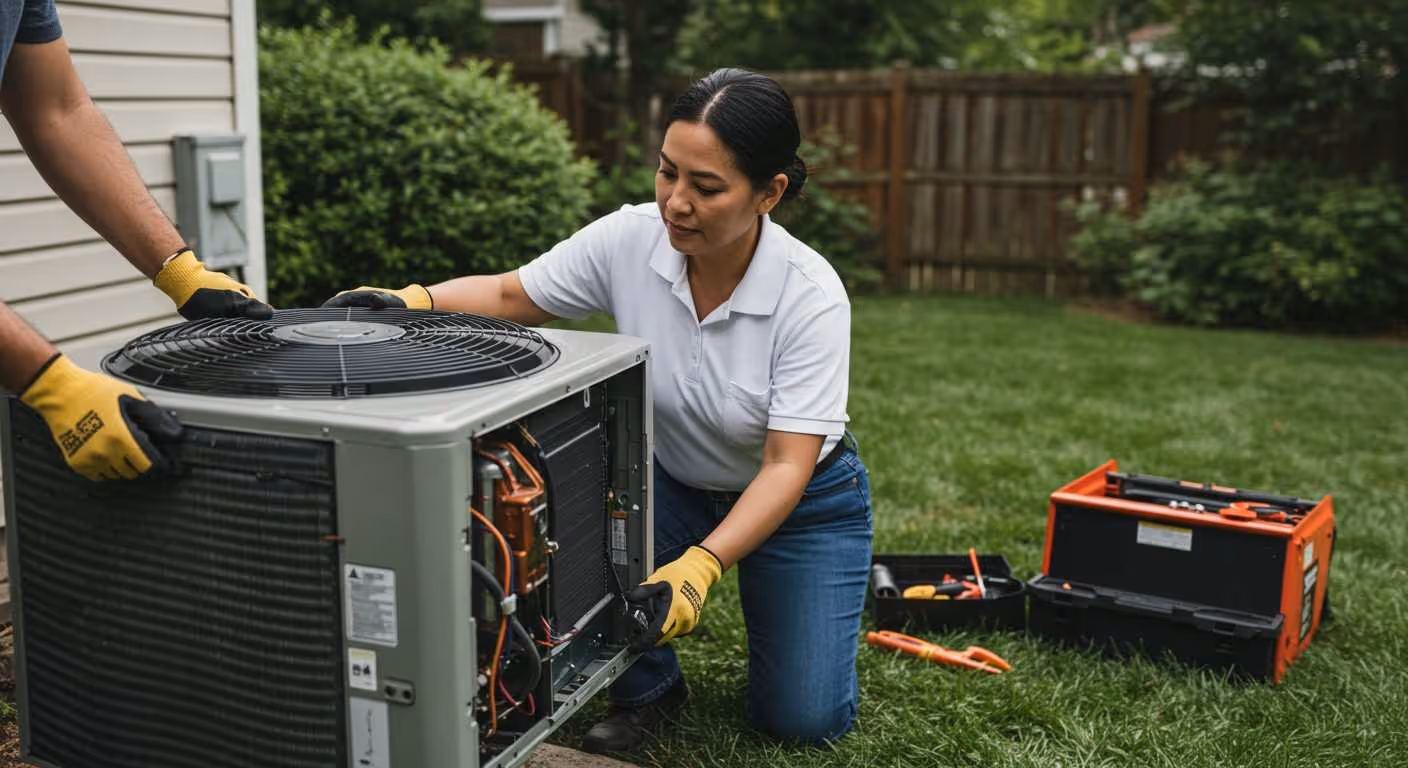 Technician repairing air conditioning unit in backyard with tools