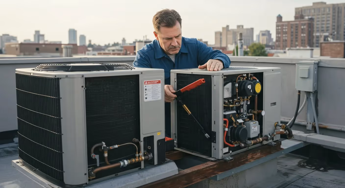 HVAC technician repairing rooftop air conditioning units in urban setting