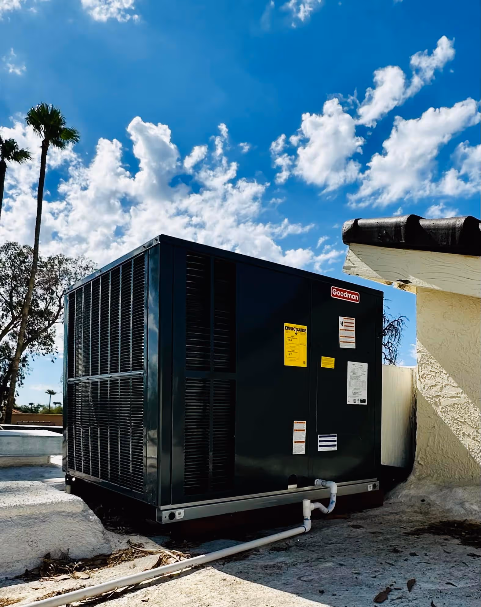 Black Goodman HVAC unit on roof with palm trees and cloudy sky