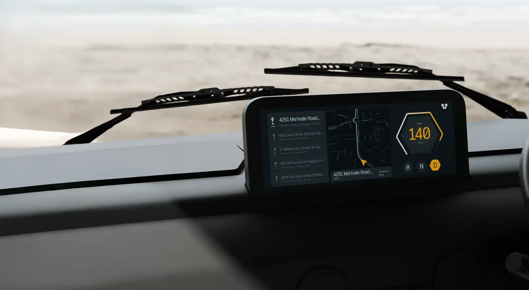 The dashboard of a truck with a screen featuring Vitruvian OS