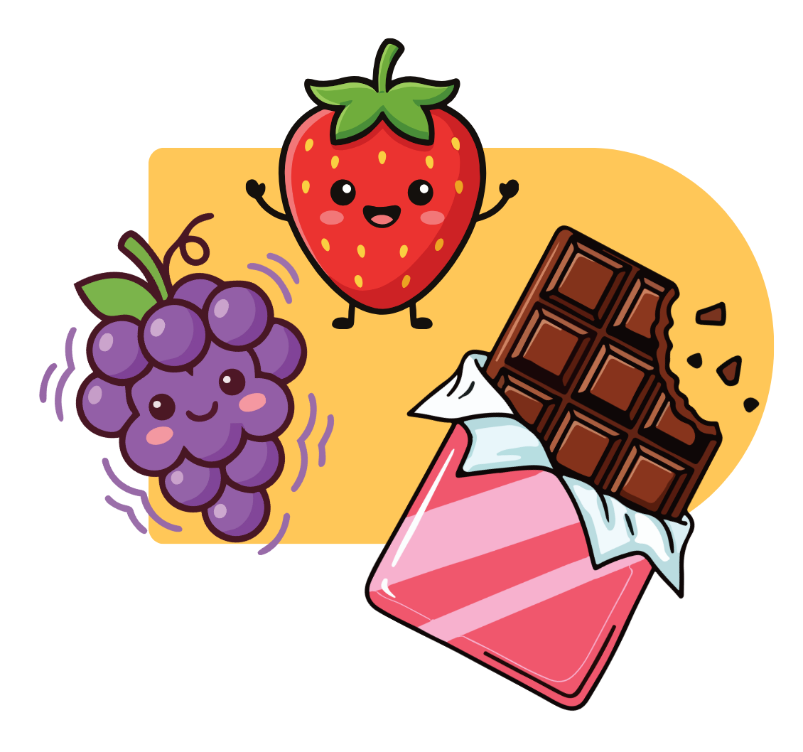 dessin d'une tablette et d'une fraise avec une grappe de raisin façon kawaï