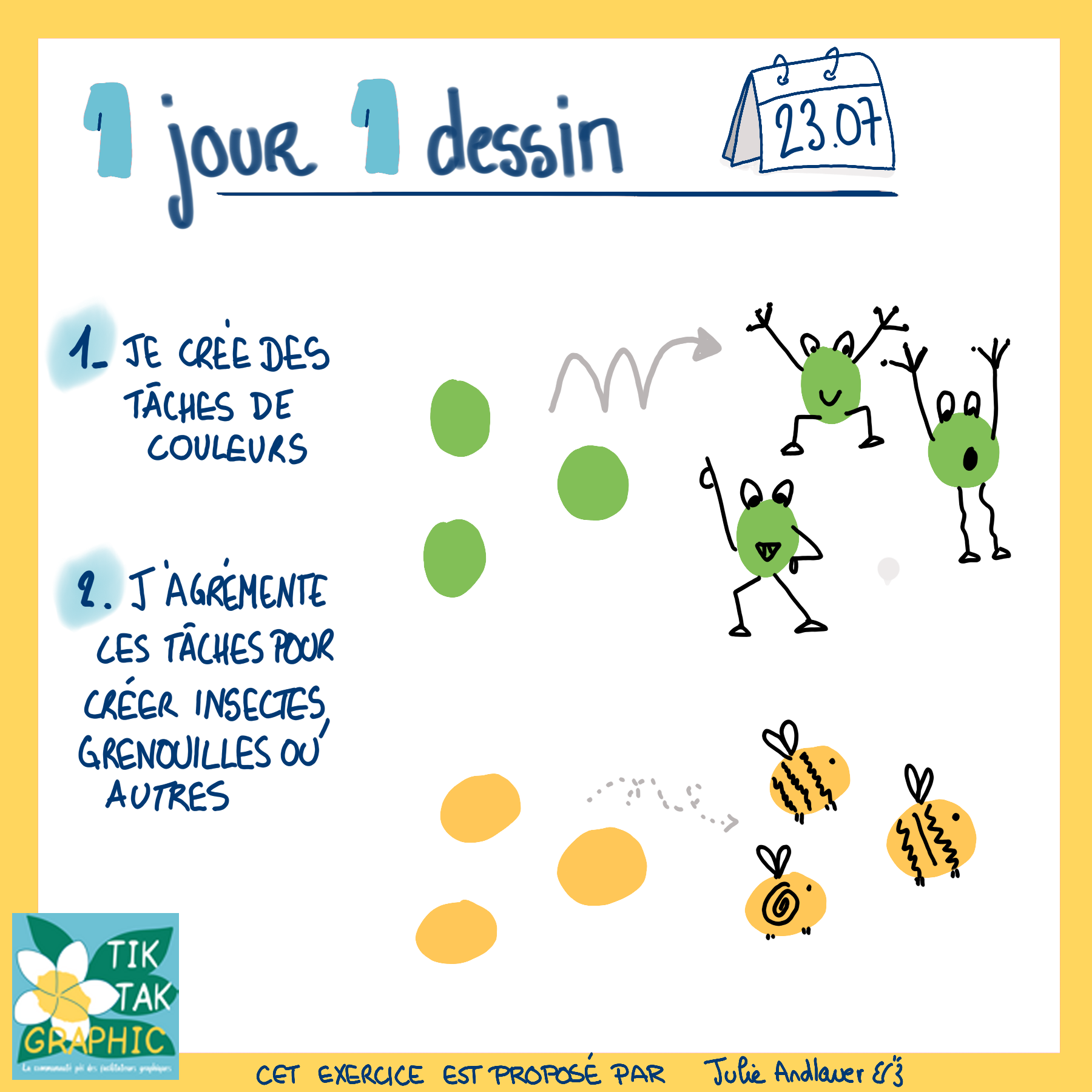 exercice proposé le 23.07.2025, des tâches de couleurs transformées en insectes