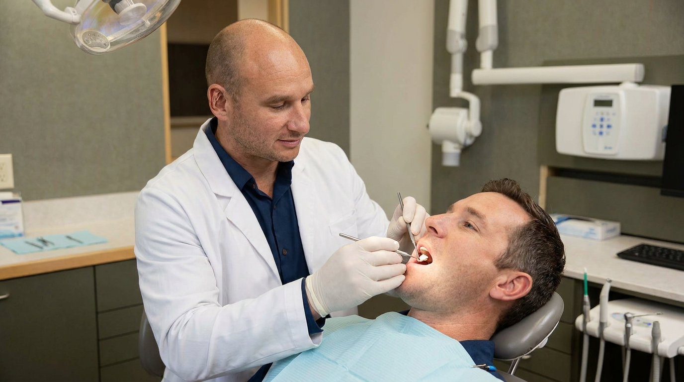 Dr. Cory Fortson, a male dentist in a lab coat, gently places a small, temporary dental crown onto a patient's prepped tooth.