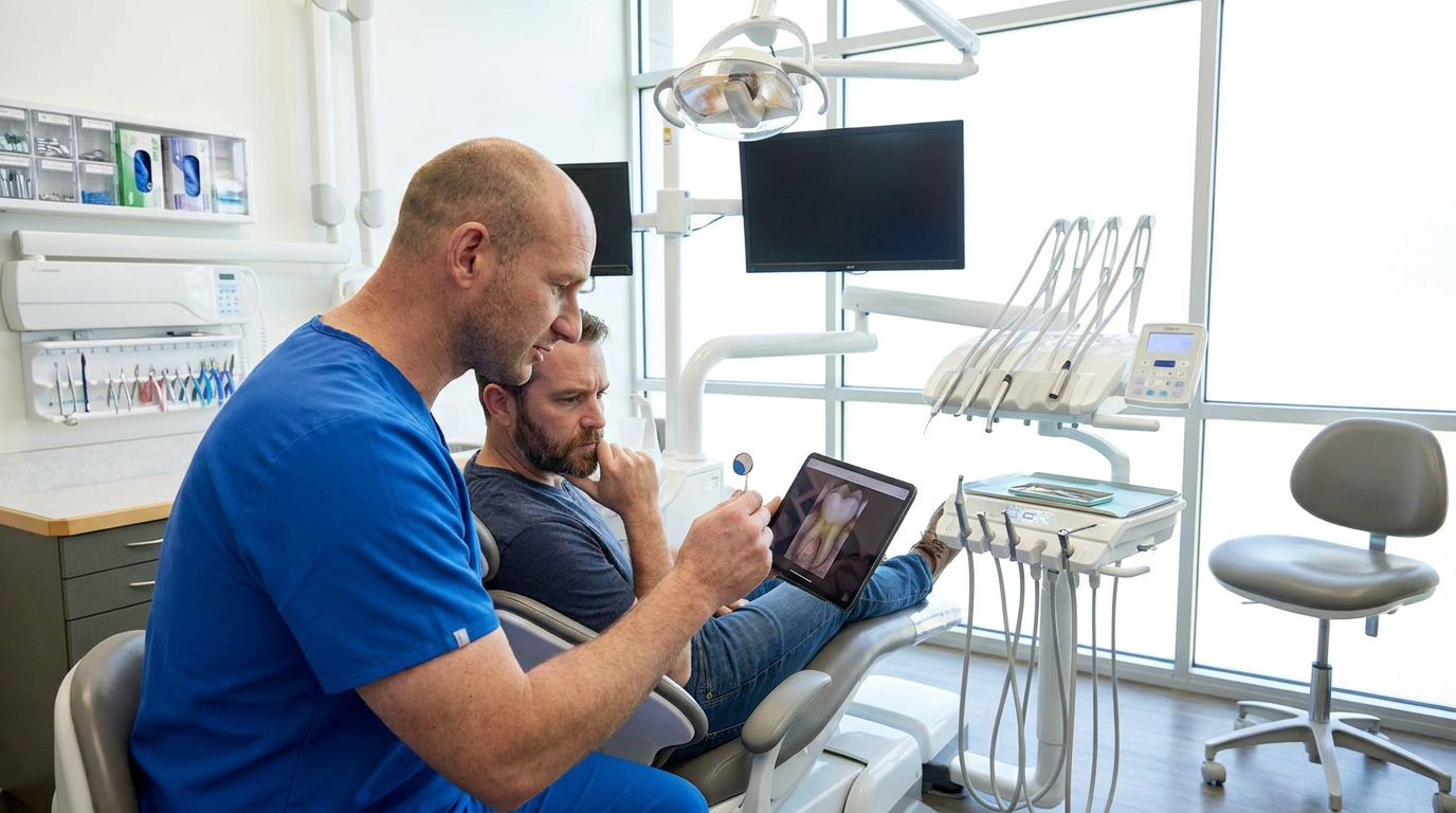 Dr. Cory Fortson, a male dentist in blue scrubs, uses a small mirror to show Christopher, an image of his molar on a tablet screen.