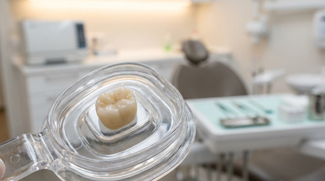 A close-up overhead shot of a single dental crown resting on a clear tray, illuminated by a gentle light, symbolizing durability and longevity.