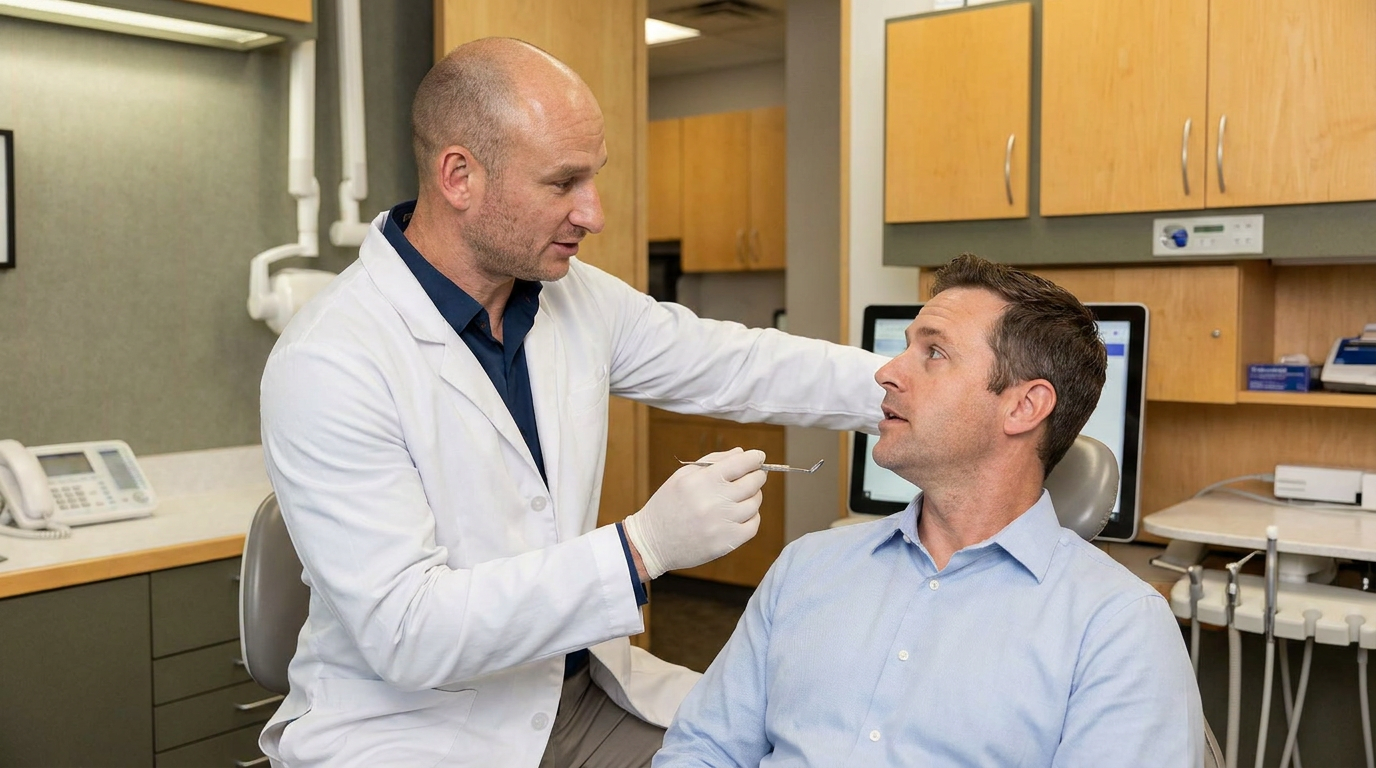 Dr. Cory Fortson, a male dentist in a white lab coat, leans over to speak with Christopher, who is seated in a dental chair.
