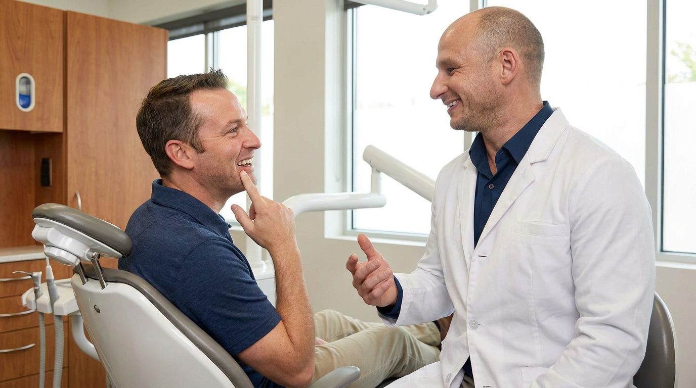 Christopher, smiles confidently, showing his new, natural-looking dental crown on a back molar.