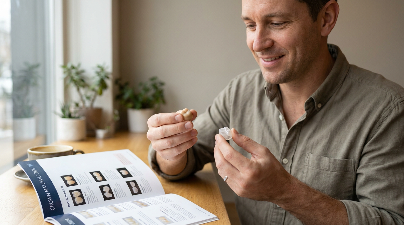 A close-up of Christopher, smiling thoughtfully as he holds a ceramic dental crown model in one hand and a zirconia crown model in the other, feeling the different textures.