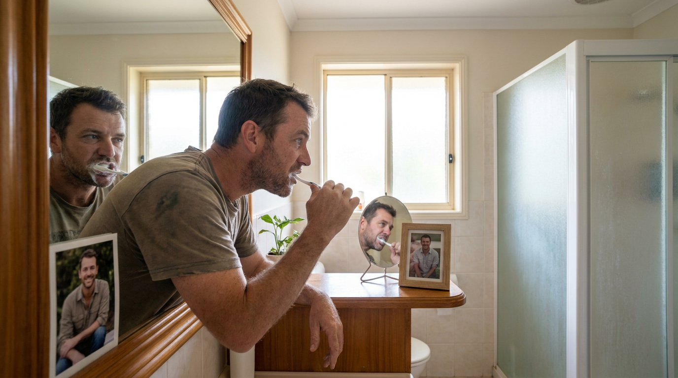 Christopher, stands in a brightly lit bathroom, brushing his teeth diligently with a soft-bristled toothbrush.