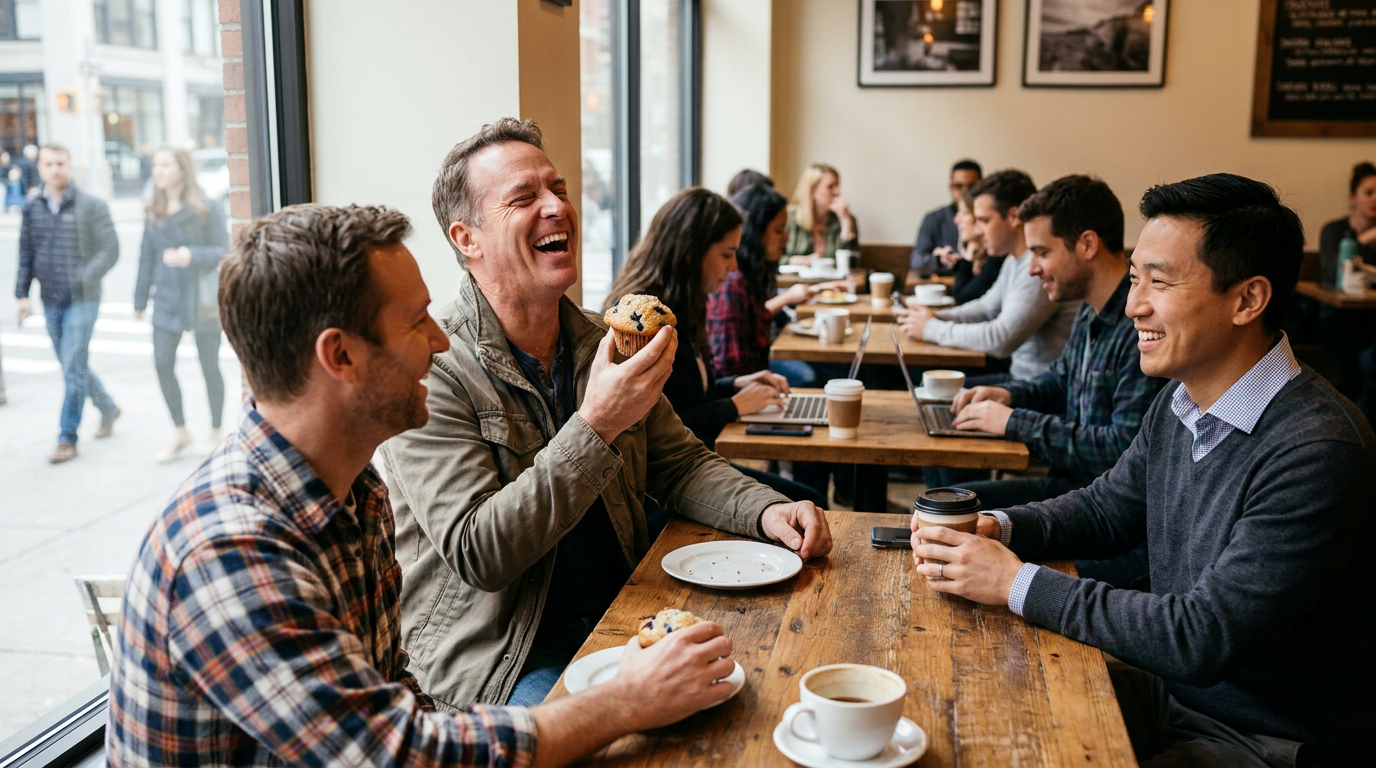 Mark and Brian laugh at a cafe as Mark confidently bites into a muffin.