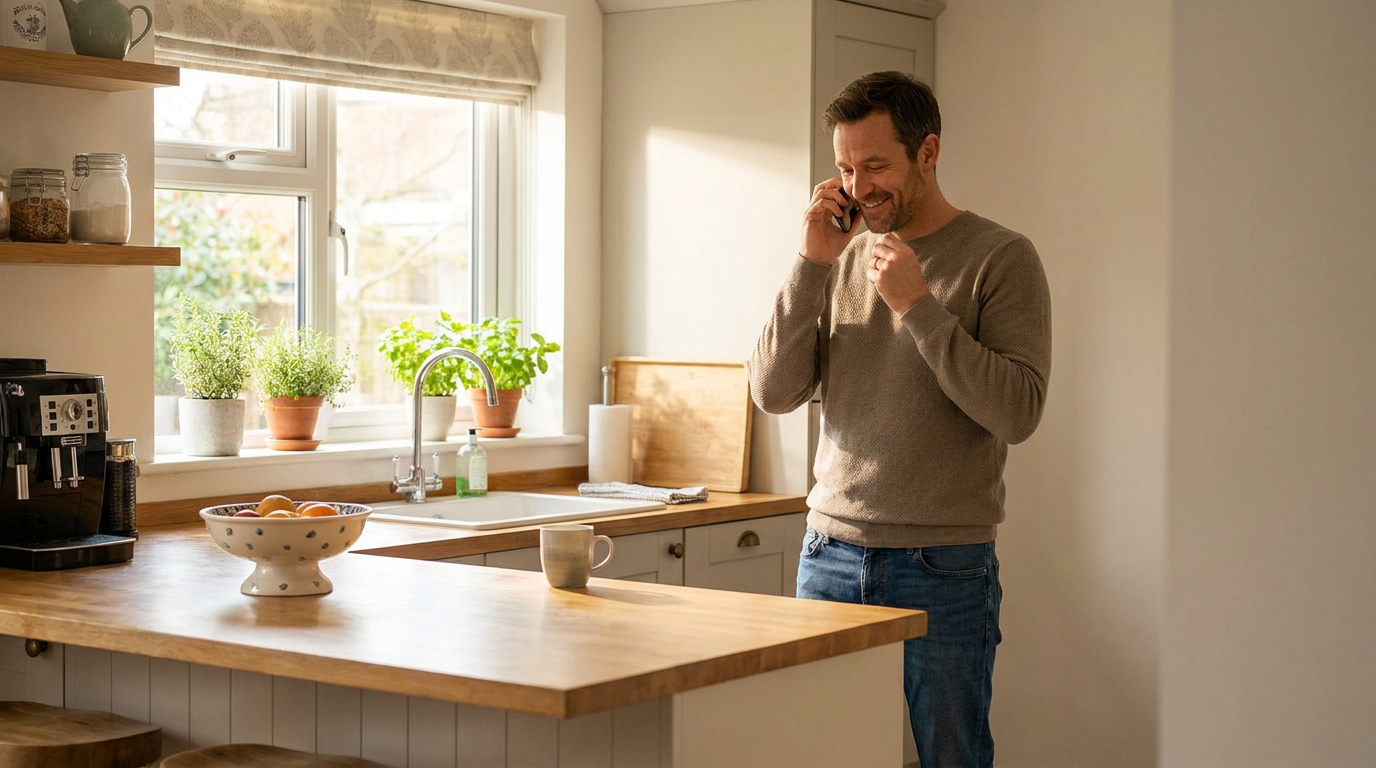 Mark, in his sunlit kitchen, looks relieved and smiles as he hangs up the phone.