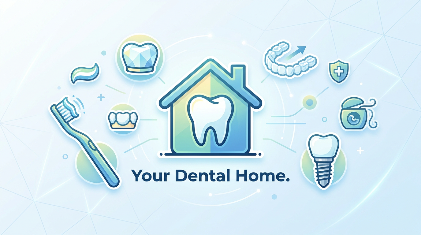 A stylized house icon with a tooth inside, surrounded by dental service symbols, with "Your Dental Home" text.