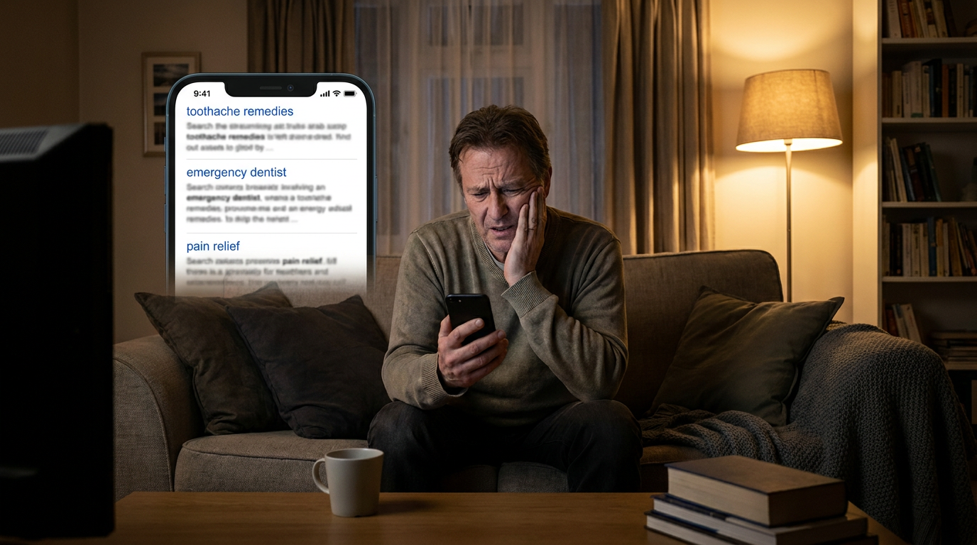 Mark sits on a couch in a dimly lit living room, holding his jaw with a pained expression while looking at overwhelming search results on his phone.
