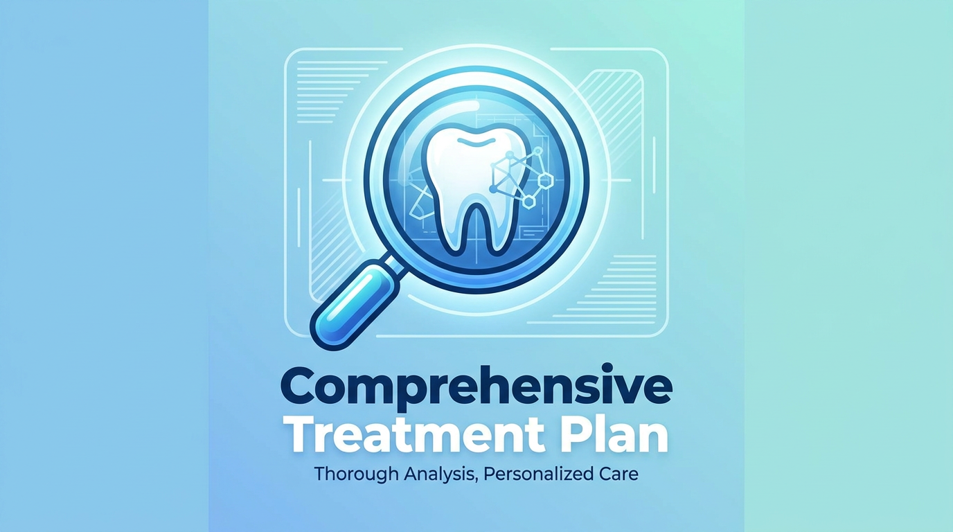 A magnifying glass icon over a tooth, with text "Comprehensive Treatment Plan," symbolizing detailed dental care.