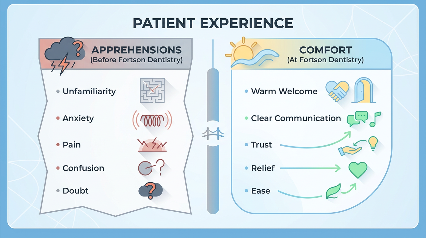 A table compares patient apprehensions like unfamiliarity and anxiety with comforts at Fortson Dentistry like warm welcome and clear communication.