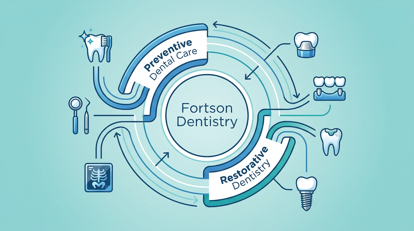 Infographic showing "Preventive Dental Care" and "Restorative Dentistry" with icons for various dental services.