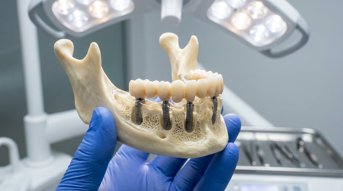 A detailed close-up of a jaw model, highlighting a full arch of "All-on-X" dental implants securely holding a bridge of prosthetic teeth.