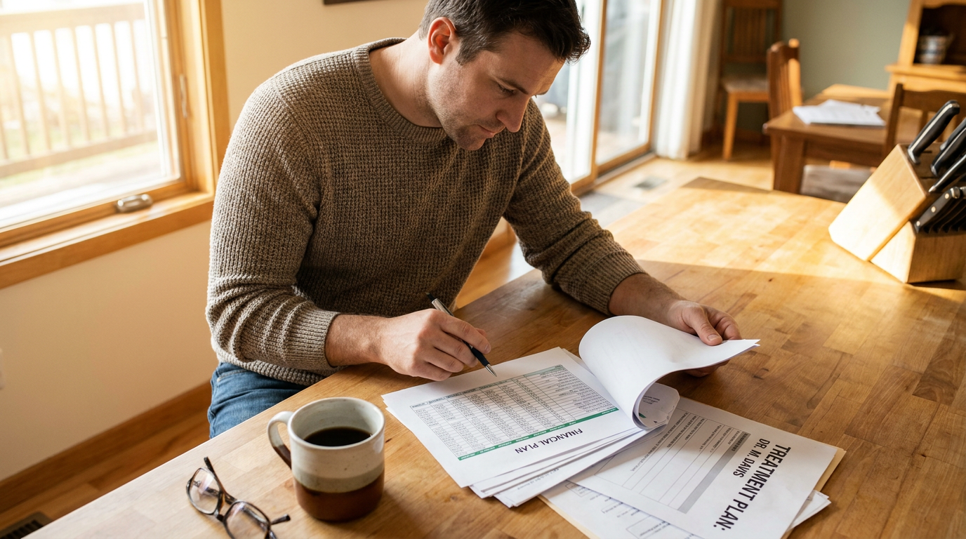 Tyler, sits at a kitchen island, reviewing financial documents and a treatment plan printout, looking thoughtfully at the papers.