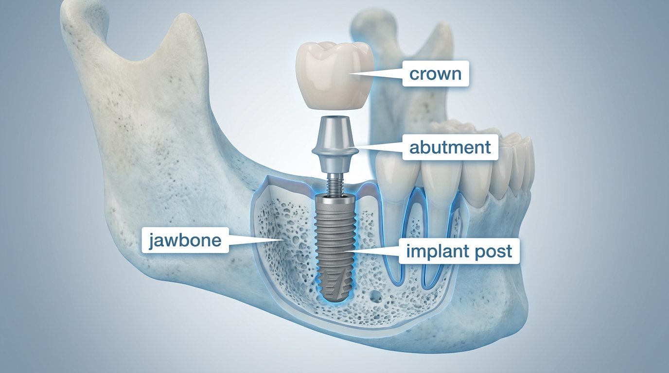 An infographic showing a cross-section of a jawbone with a dental implant, clearly illustrating the titanium post, abutment, and crown.
