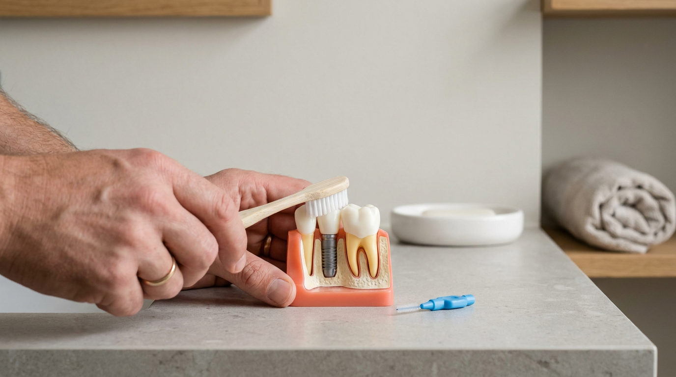 A macro shot of a hand holding a soft-bristled toothbrush to meticulously clean around a dental implant model.