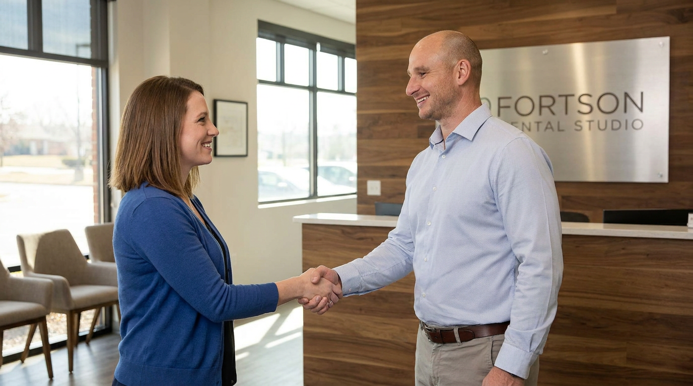 Dr. Cory Fortson, warmly shakes the hand of a female patient, Hannah, in her 30s, in his modern dental office reception area.