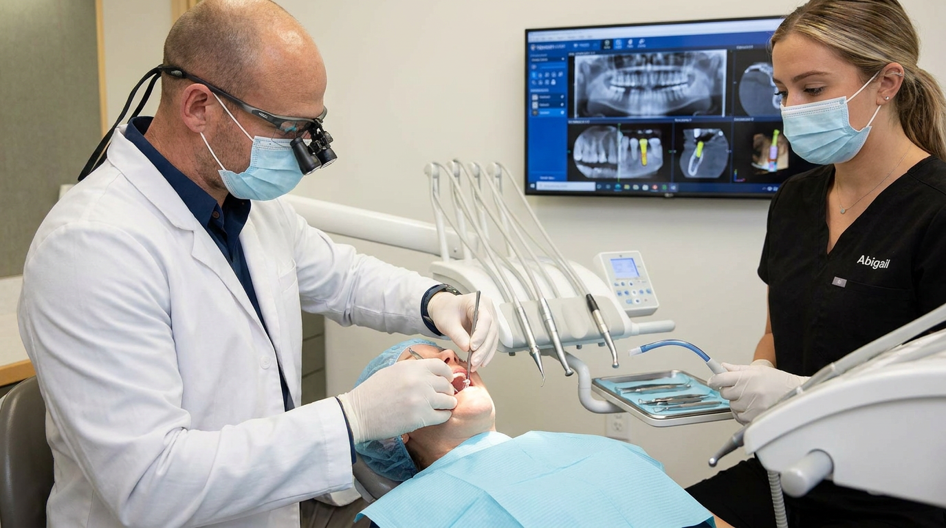 Dr. Cory Fortson, meticulously places a dental implant using advanced tools, his gloved hands in crisp focus.