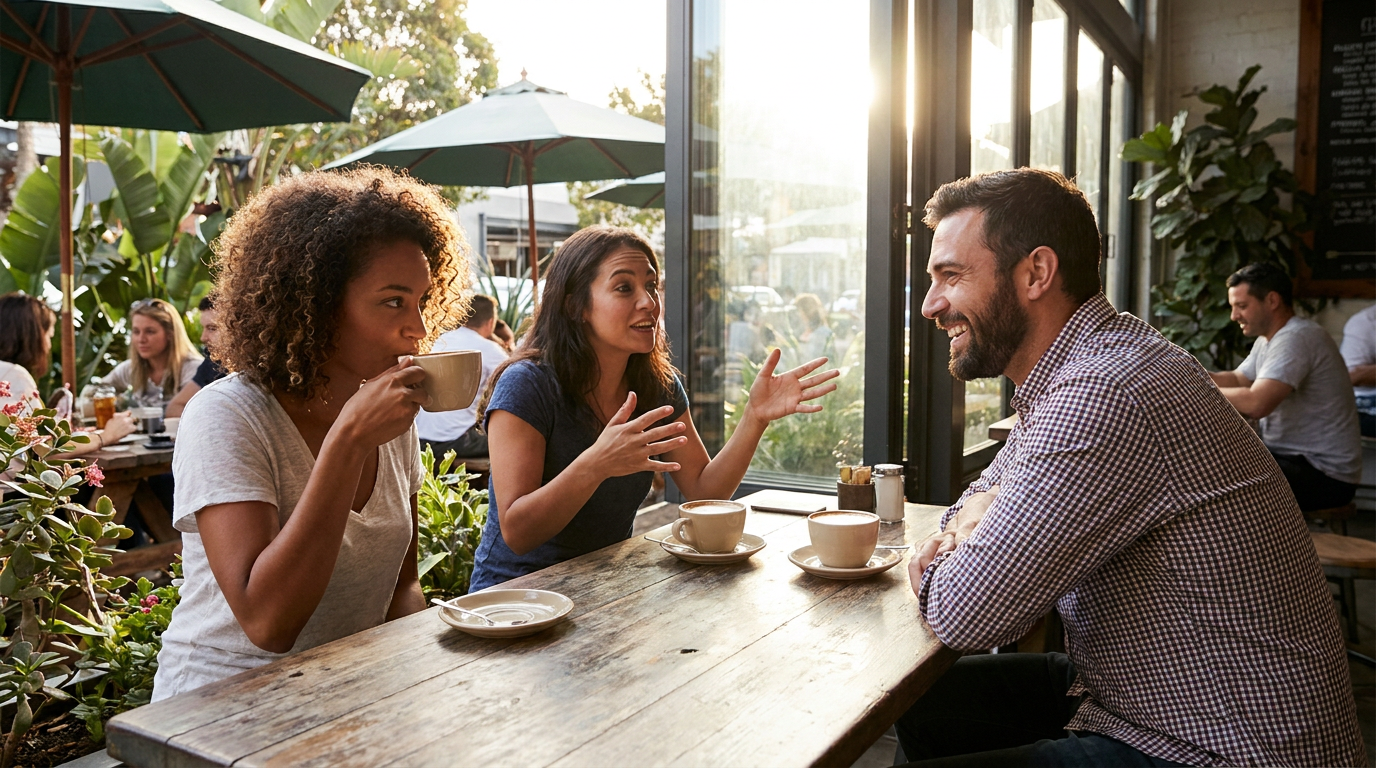 A diverse group of people, including two women and a man, smiling and laughing together at an outdoor cafe.