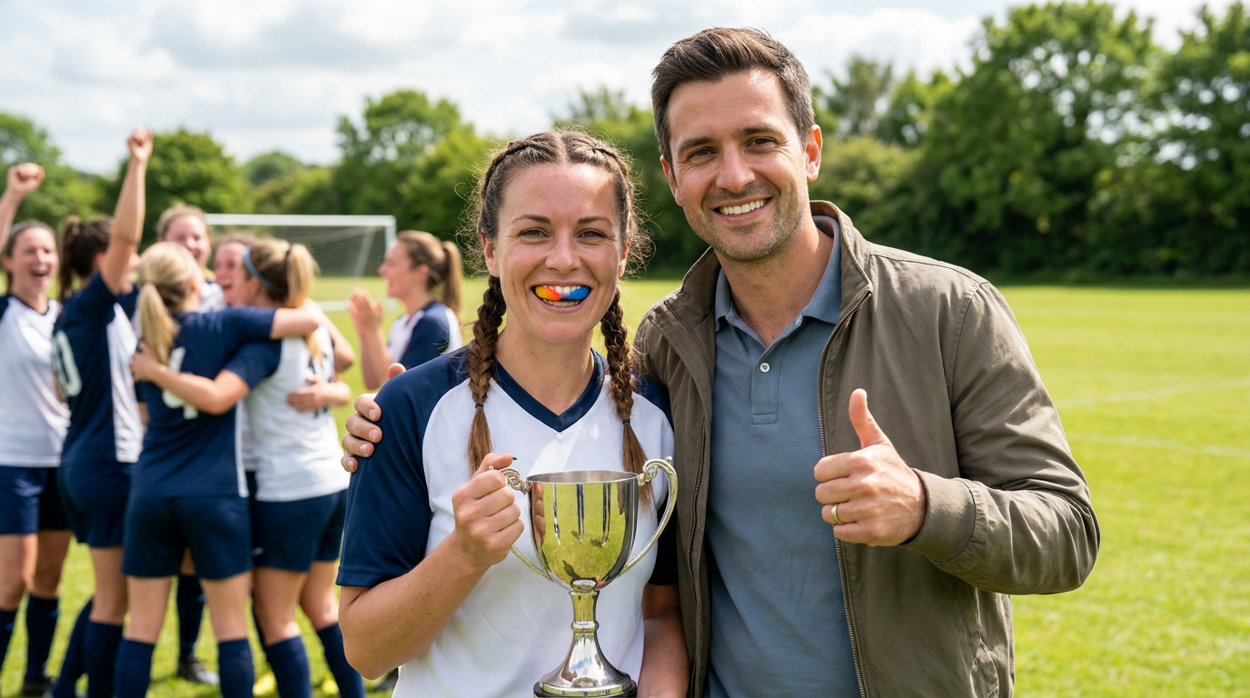 Chloe, wearing a mouthguard, holds a trophy next to a man giving a thumbs-up, with a group of celebrating soccer players and a goal in the background on a grassy field.